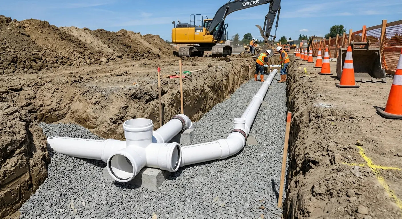 New PVC sewer pipe installation in open trench for Commercial Drain Cleaning in Daleville