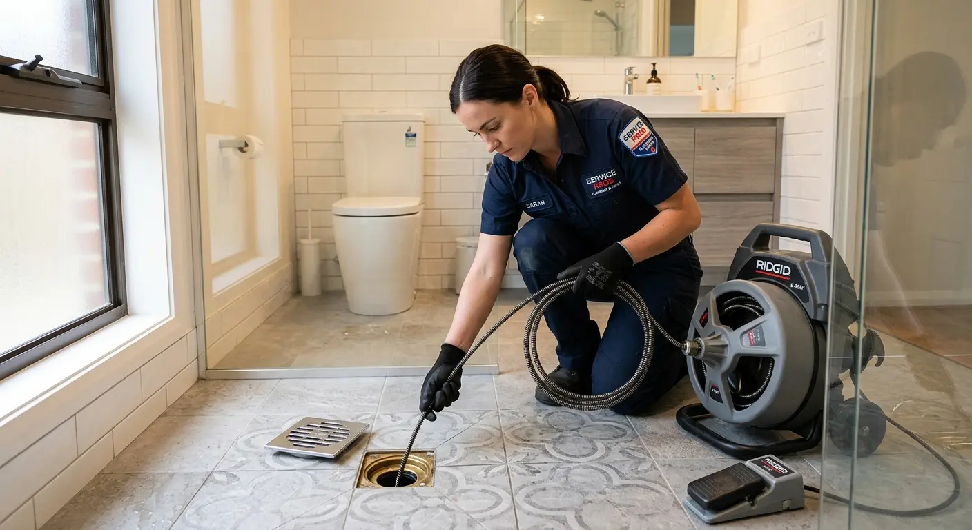 Technician clearing a bathroom floor drain for Hydro Jetting in Daleville